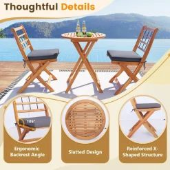 Tangkula 3 Piece Patio Wood Bistro Set, Folding Table Chair Set w/Soft Seat Cushions