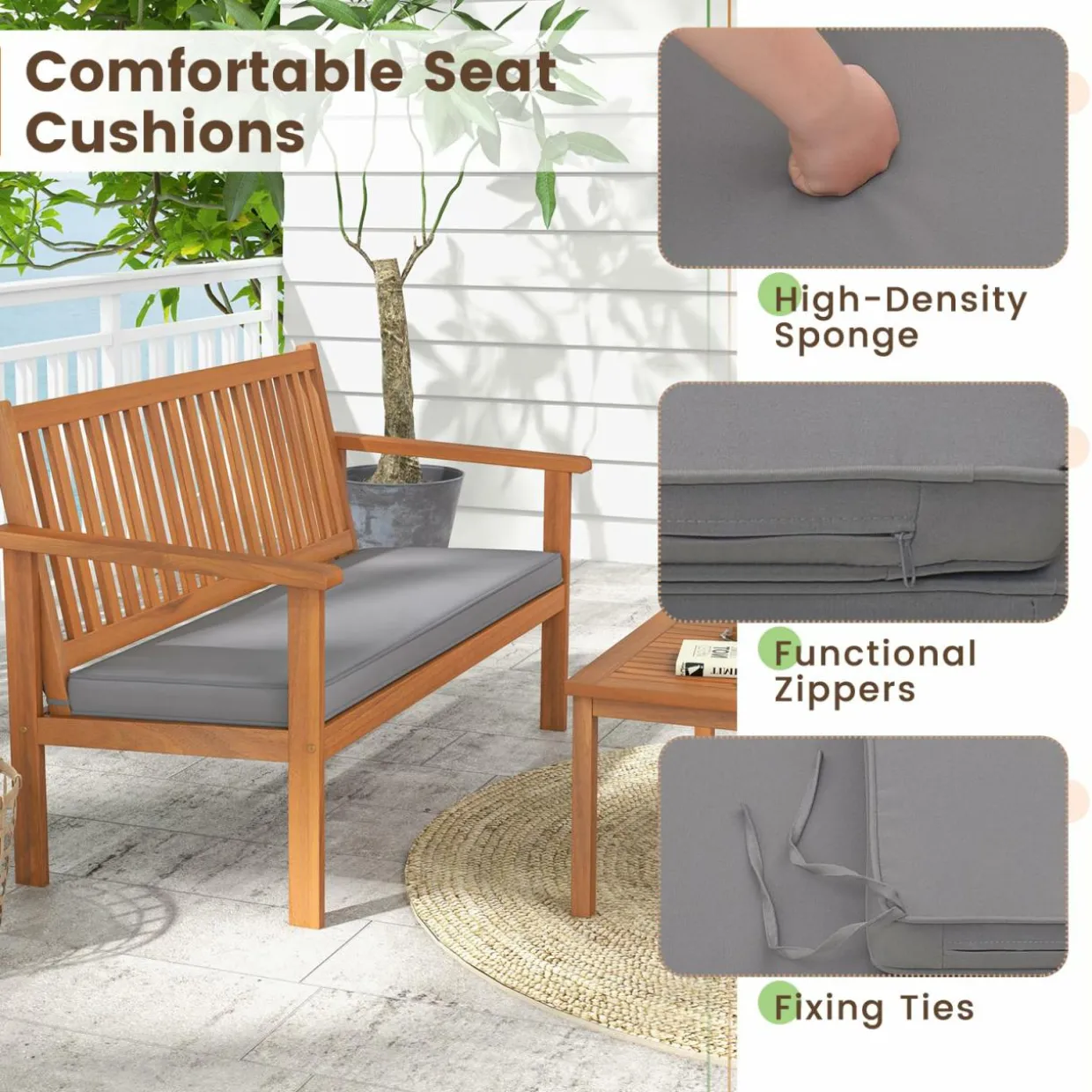 Tangkula 4 Piece Patio Wood Furniture Set, Acacia Wood Sofa Set w/Loveseat, 2 Chairs & Coffee Table