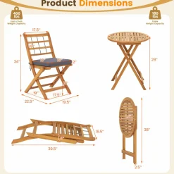 Tangkula 3 Piece Patio Wood Bistro Set, Folding Table Chair Set w/Soft Seat Cushions
