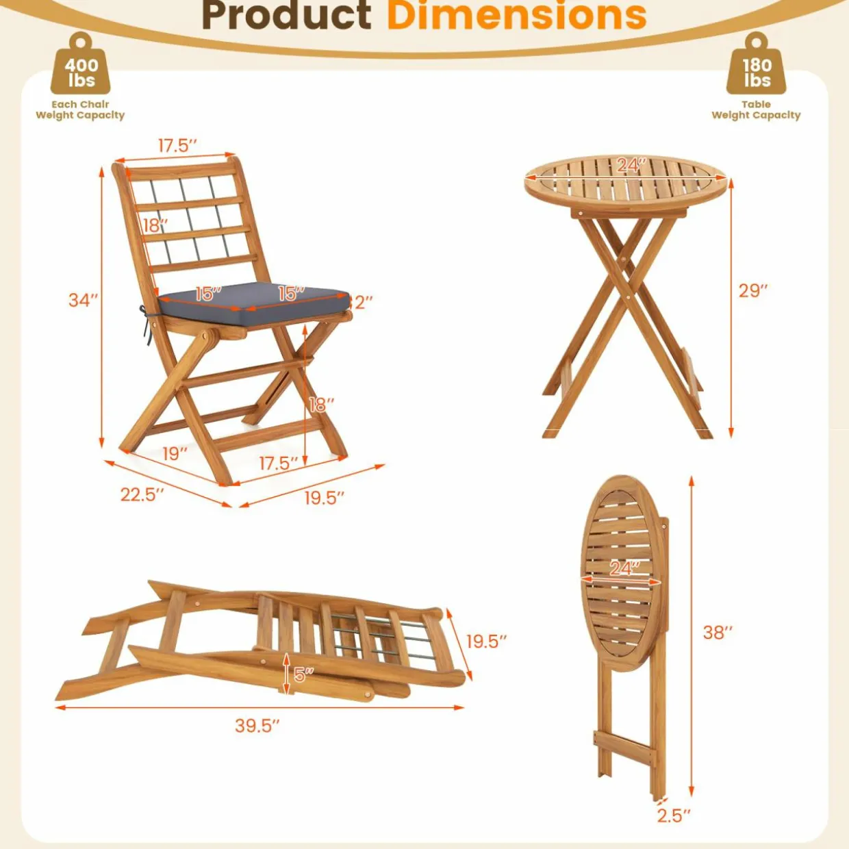 Tangkula 3 Piece Patio Wood Bistro Set, Folding Table Chair Set w/Soft Seat Cushions
