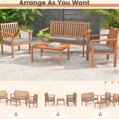 Tangkula 4 Piece Patio Wood Furniture Set, Acacia Wood Sofa Set w/Loveseat, 2 Chairs & Coffee Table