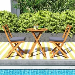 Tangkula 3 Piece Patio Wood Bistro Set, Folding Table Chair Set w/Soft Seat Cushions