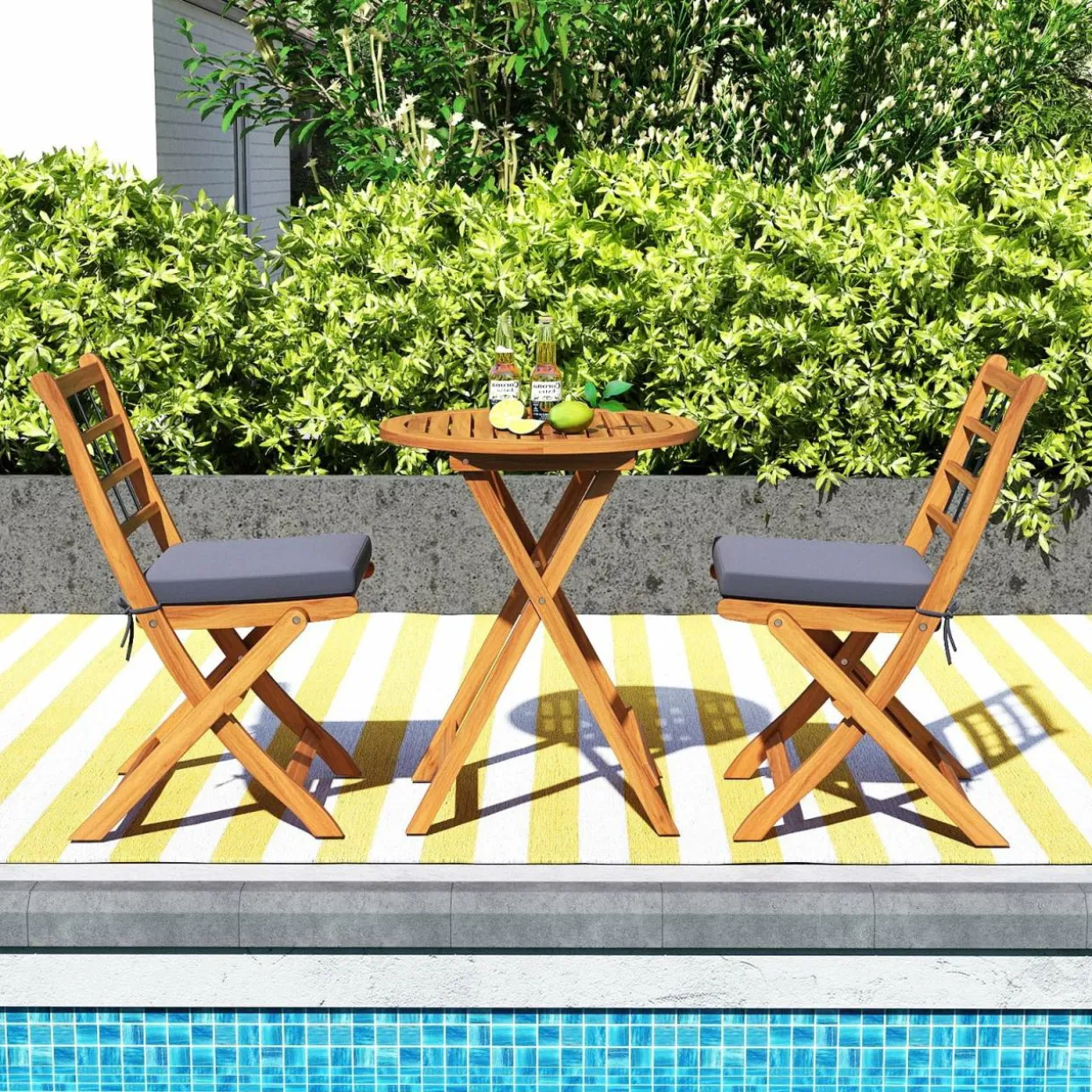 Tangkula 3 Piece Patio Wood Bistro Set, Folding Table Chair Set w/Soft Seat Cushions
