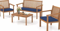 Tangkula 4 Piece Patio Wood Furniture Set, Acacia Wood Sofa Set w/Loveseat, 2 Chairs & Coffee Table