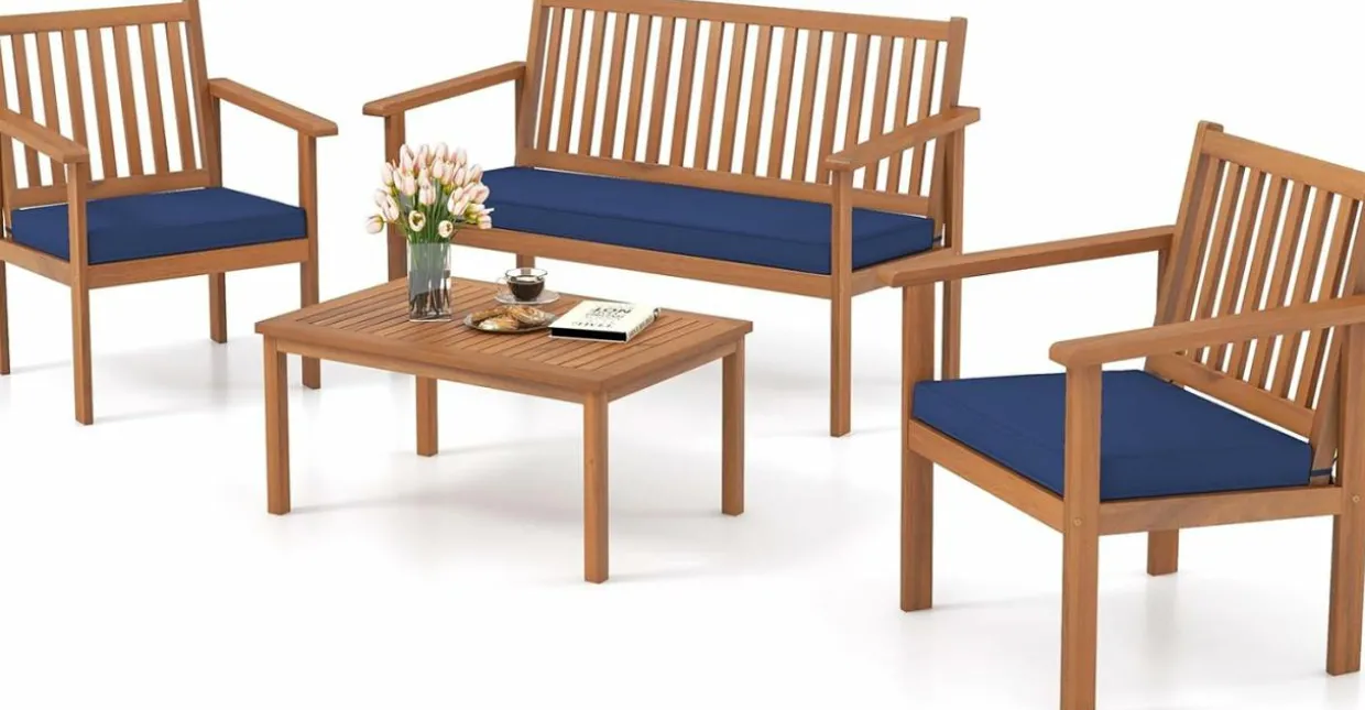 Tangkula 4 Piece Patio Wood Furniture Set, Acacia Wood Sofa Set w/Loveseat, 2 Chairs & Coffee Table