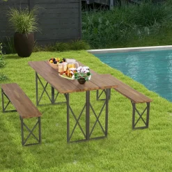 Tangkula 3 Piece Picnic Table Bench Set, Outdoor Acacia Wood Picnic Table with 2 Benches