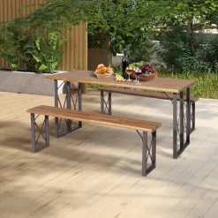 Tangkula 3 Piece Picnic Table Bench Set, Outdoor Acacia Wood Picnic Table with 2 Benches
