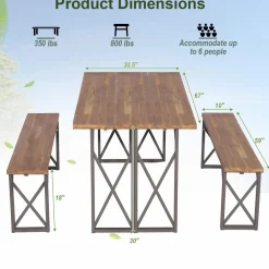 Tangkula 3 Piece Picnic Table Bench Set, Outdoor Acacia Wood Picnic Table with 2 Benches