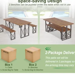 Tangkula 3 Piece Picnic Table Bench Set, Outdoor Acacia Wood Picnic Table with 2 Benches