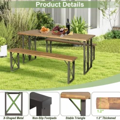 Tangkula 3 Piece Picnic Table Bench Set, Outdoor Acacia Wood Picnic Table with 2 Benches