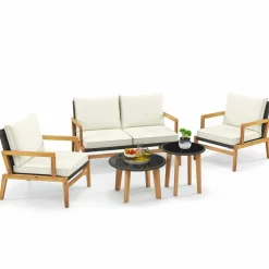Tangkula 5 Piece Rattan Furniture Set, Patiojoy Wicker Sofa Set with Solid Acacia Wood Frame & 2 Tempered Glass Coffee Tables