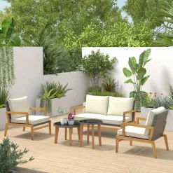 Tangkula 5 Piece Rattan Furniture Set, Patiojoy Wicker Sofa Set with Solid Acacia Wood Frame & 2 Tempered Glass Coffee Tables