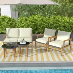 Tangkula 5 Piece Rattan Furniture Set, Patiojoy Wicker Sofa Set with Solid Acacia Wood Frame & 2 Tempered Glass Coffee Tables