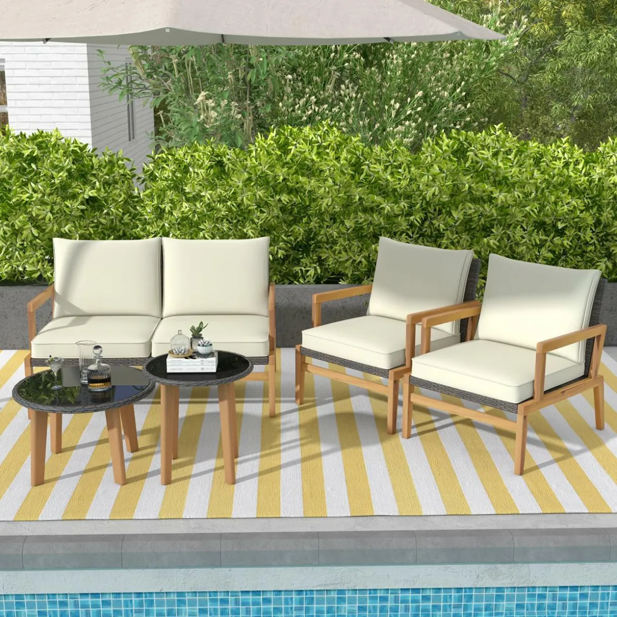 Tangkula 5 Piece Rattan Furniture Set, Patiojoy Wicker Sofa Set with Solid Acacia Wood Frame & 2 Tempered Glass Coffee Tables