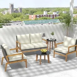 Tangkula 5 Piece Rattan Furniture Set, Patiojoy Wicker Sofa Set with Solid Acacia Wood Frame & 2 Tempered Glass Coffee Tables