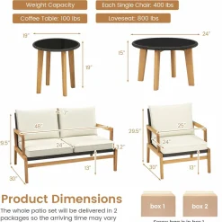 Tangkula 5 Piece Rattan Furniture Set, Patiojoy Wicker Sofa Set with Solid Acacia Wood Frame & 2 Tempered Glass Coffee Tables
