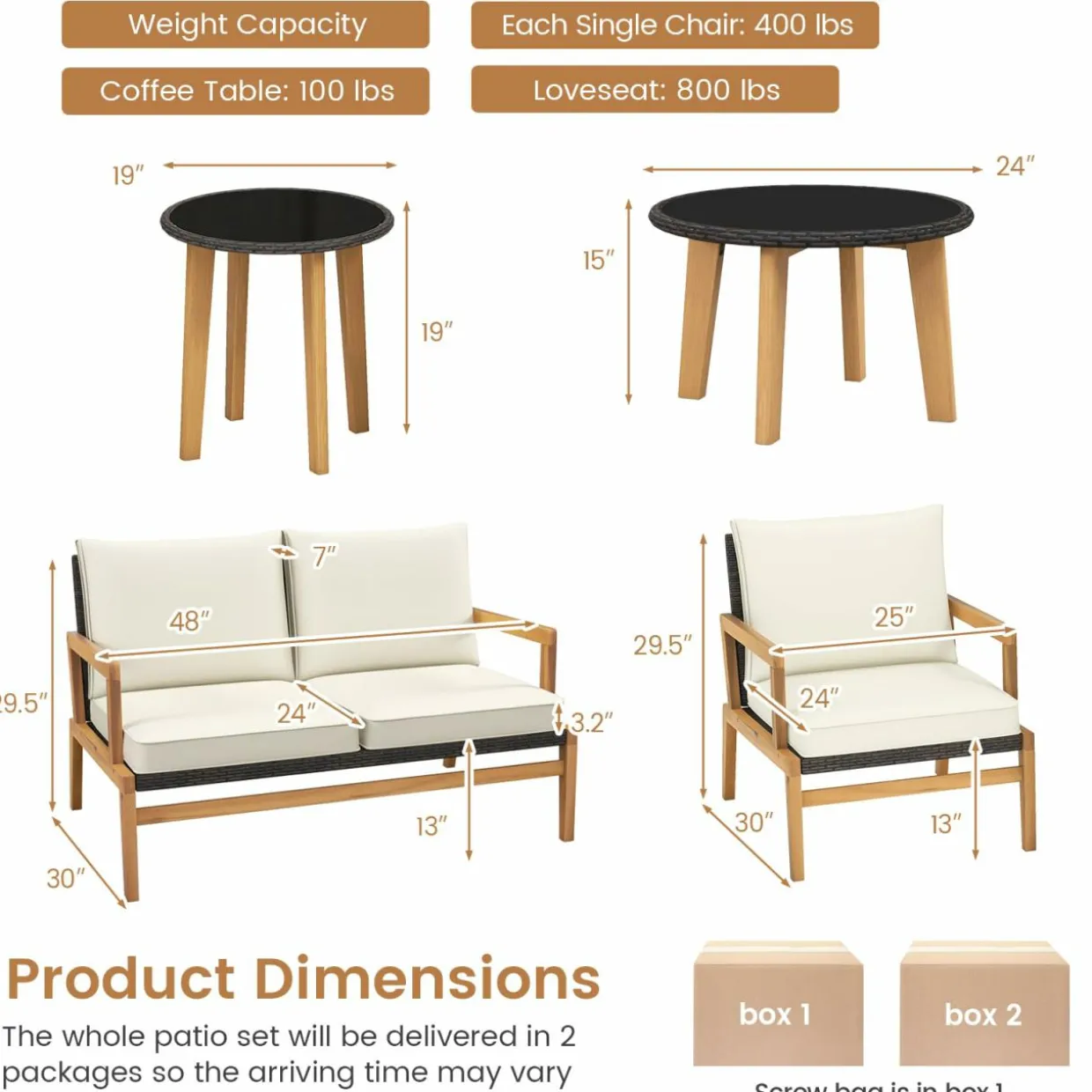 Tangkula 5 Piece Rattan Furniture Set, Patiojoy Wicker Sofa Set with Solid Acacia Wood Frame & 2 Tempered Glass Coffee Tables