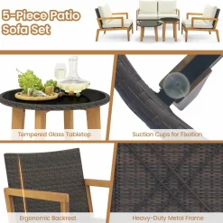 Tangkula 5 Piece Rattan Furniture Set, Patiojoy Wicker Sofa Set with Solid Acacia Wood Frame & 2 Tempered Glass Coffee Tables