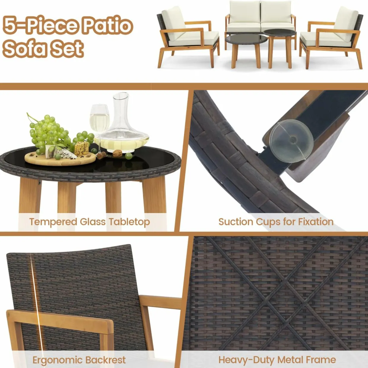 Tangkula 5 Piece Rattan Furniture Set, Patiojoy Wicker Sofa Set with Solid Acacia Wood Frame & 2 Tempered Glass Coffee Tables