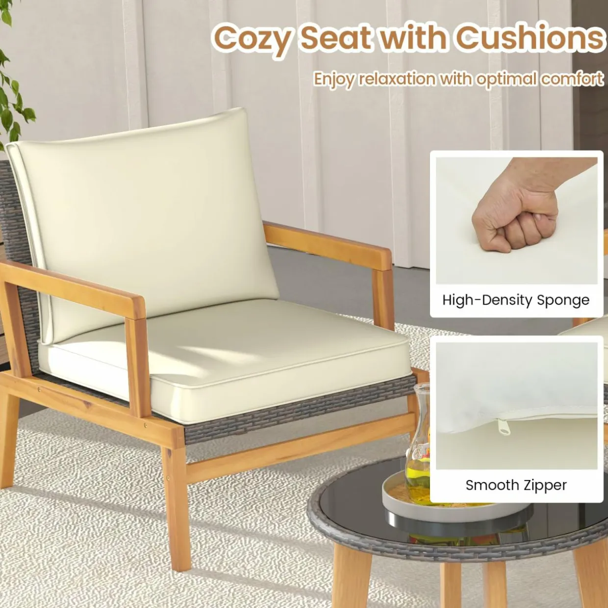 Tangkula 5 Piece Rattan Furniture Set, Patiojoy Wicker Sofa Set with Solid Acacia Wood Frame & 2 Tempered Glass Coffee Tables