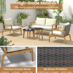 Tangkula 5 Piece Rattan Furniture Set, Patiojoy Wicker Sofa Set with Solid Acacia Wood Frame & 2 Tempered Glass Coffee Tables