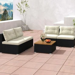 Tangkula 5 Piece Rattan Sofa Set, Patiojoy Outdoor Wicker Furniture Set with Seat & Back Cushions
