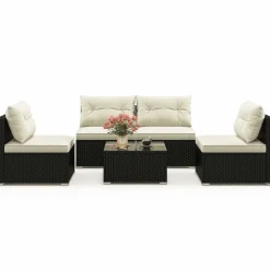 Tangkula 5 Piece Rattan Sofa Set, Patiojoy Outdoor Wicker Furniture Set with Seat & Back Cushions