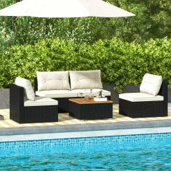 Tangkula 5 Piece Rattan Sofa Set, Patiojoy Outdoor Wicker Furniture Set with Seat & Back Cushions