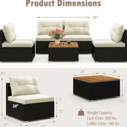 Tangkula 5 Piece Rattan Sofa Set, Patiojoy Outdoor Wicker Furniture Set with Seat & Back Cushions