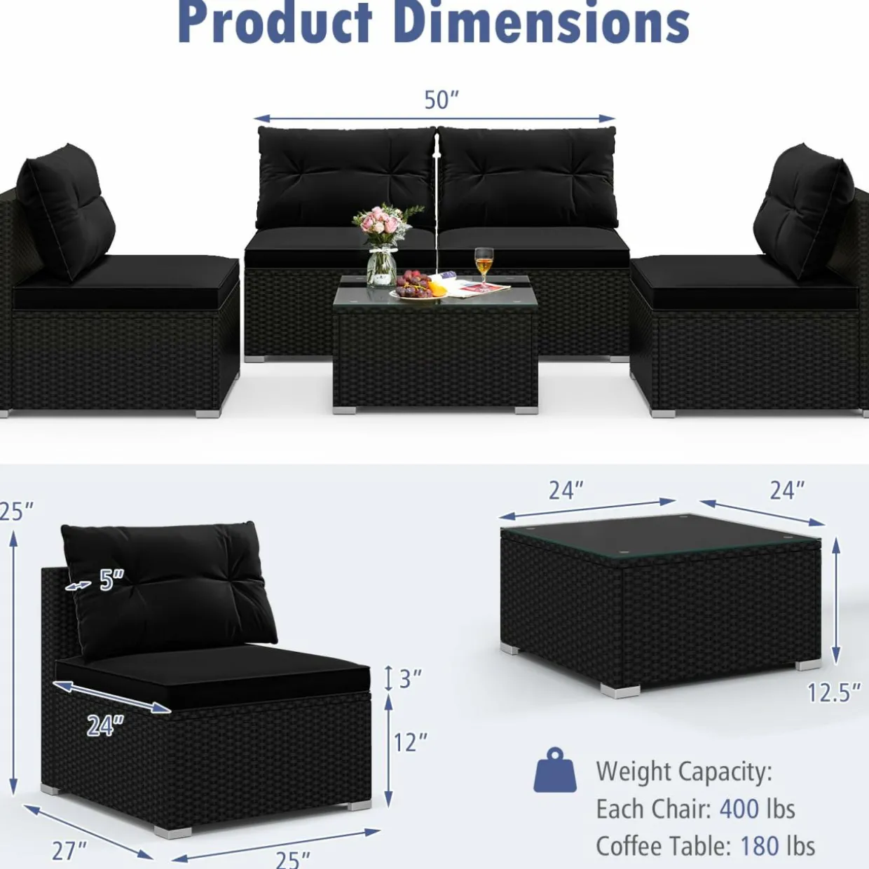 Tangkula 5 Piece Rattan Sofa Set, Outdoor Wicker Furniture Set w/Seat & Back Cushions