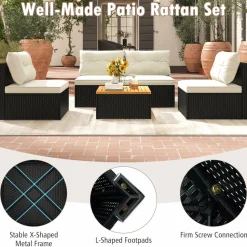 Tangkula 5 Piece Rattan Sofa Set, Patiojoy Outdoor Wicker Furniture Set with Seat & Back Cushions