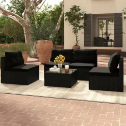Tangkula 5 Piece Rattan Sofa Set, Outdoor Wicker Furniture Set w/Seat & Back Cushions
