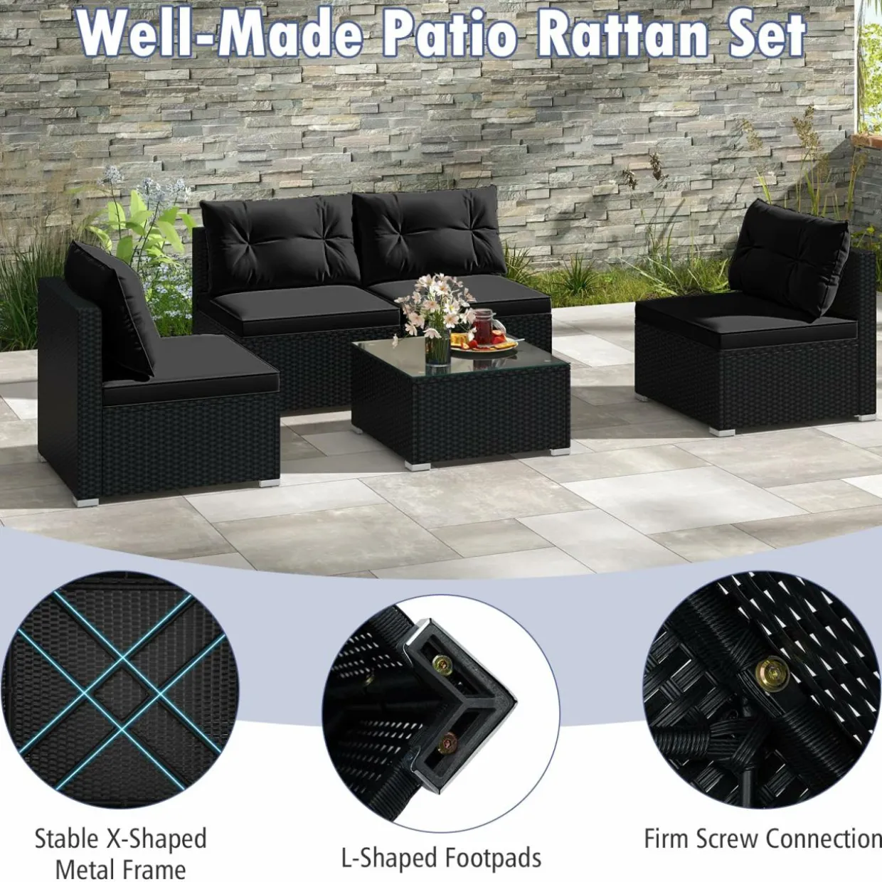 Tangkula 5 Piece Rattan Sofa Set, Outdoor Wicker Furniture Set w/Seat & Back Cushions