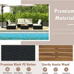 Tangkula 5 Piece Rattan Sofa Set, Patiojoy Outdoor Wicker Furniture Set with Seat & Back Cushions