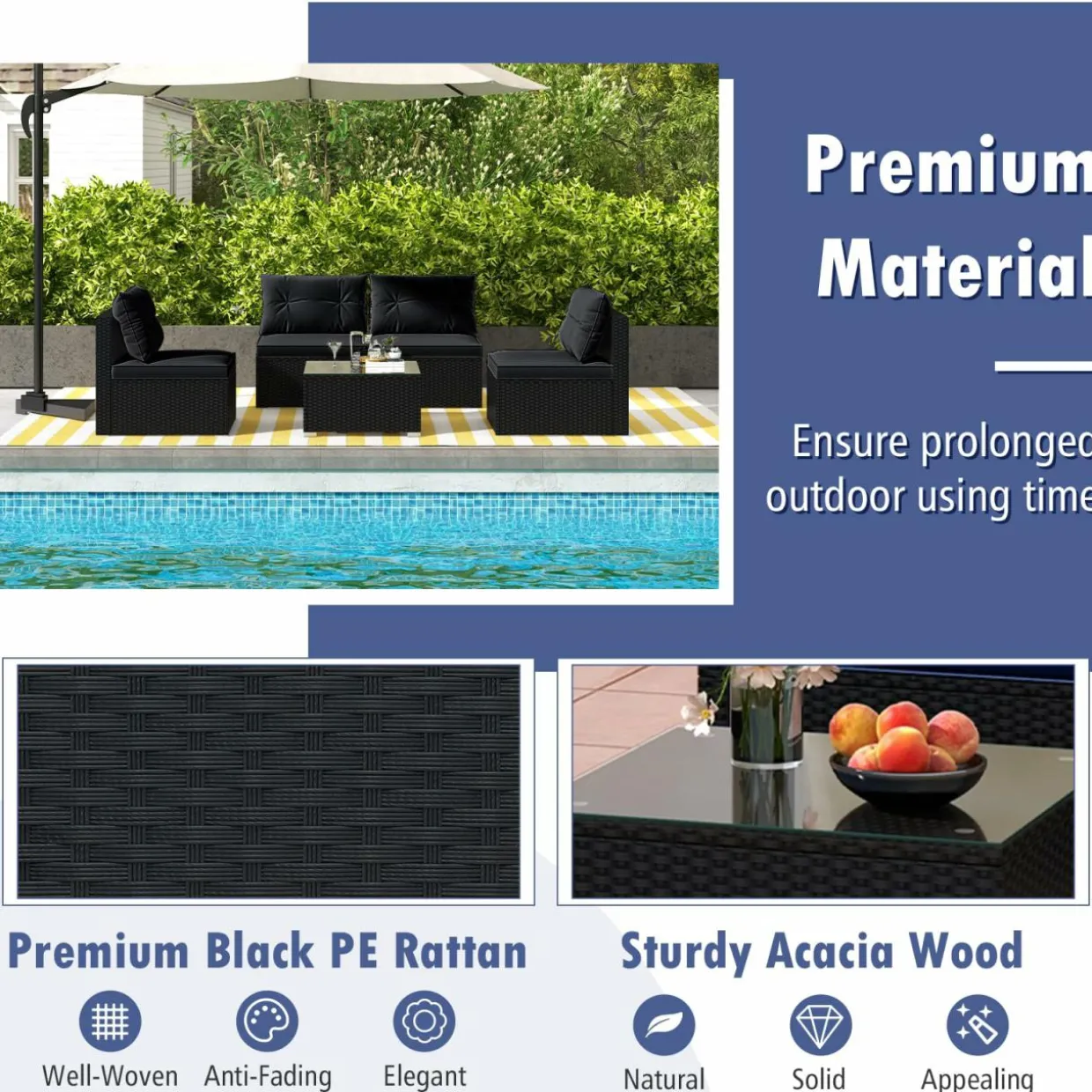 Tangkula 5 Piece Rattan Sofa Set, Outdoor Wicker Furniture Set w/Seat & Back Cushions