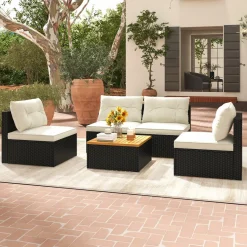 Tangkula 5 Piece Rattan Sofa Set, Patiojoy Outdoor Wicker Furniture Set with Seat & Back Cushions