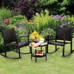 Tangkula 3 Piece Rocking Bistro Set, Wicker Patio Outdoor Rocking Chairs Set of 2, Furniture Set(Dark Brown)