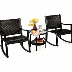Tangkula 3 Piece Rocking Bistro Set, Wicker Patio Outdoor Rocking Chairs Set of 2, Furniture Set(Dark Brown)