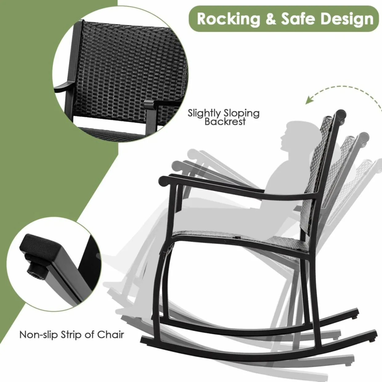 Tangkula 3 Piece Rocking Bistro Set, Wicker Patio Outdoor Rocking Chairs Set of 2, Furniture Set(Dark Brown)