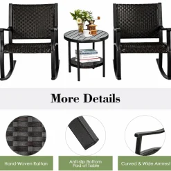 Tangkula 3 Piece Rocking Bistro Set, Wicker Patio Outdoor Rocking Chairs Set of 2, Furniture Set(Dark Brown)