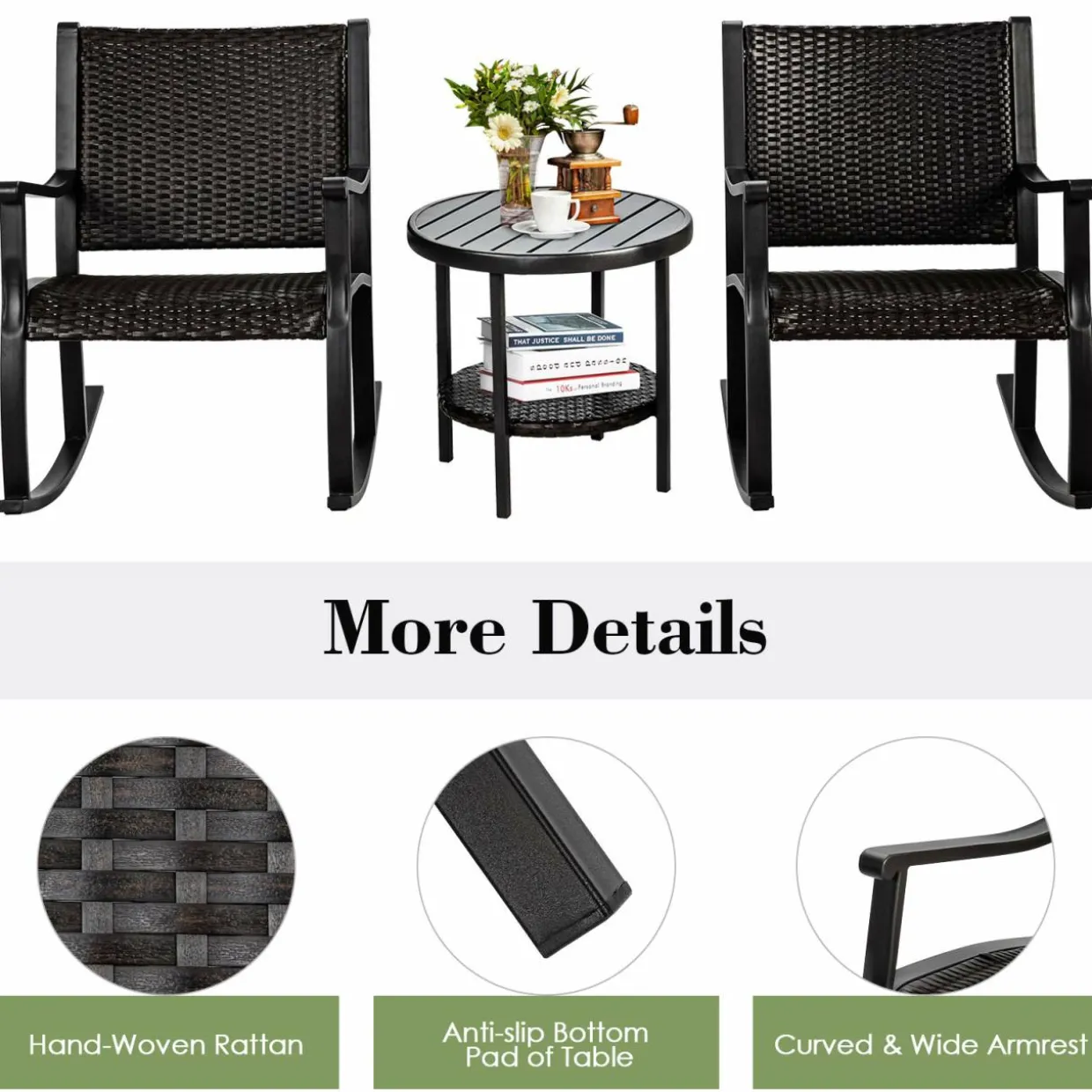 Tangkula 3 Piece Rocking Bistro Set, Wicker Patio Outdoor Rocking Chairs Set of 2, Furniture Set(Dark Brown)