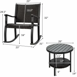 Tangkula 3 Piece Rocking Bistro Set, Wicker Patio Outdoor Rocking Chairs Set of 2, Furniture Set(Dark Brown)