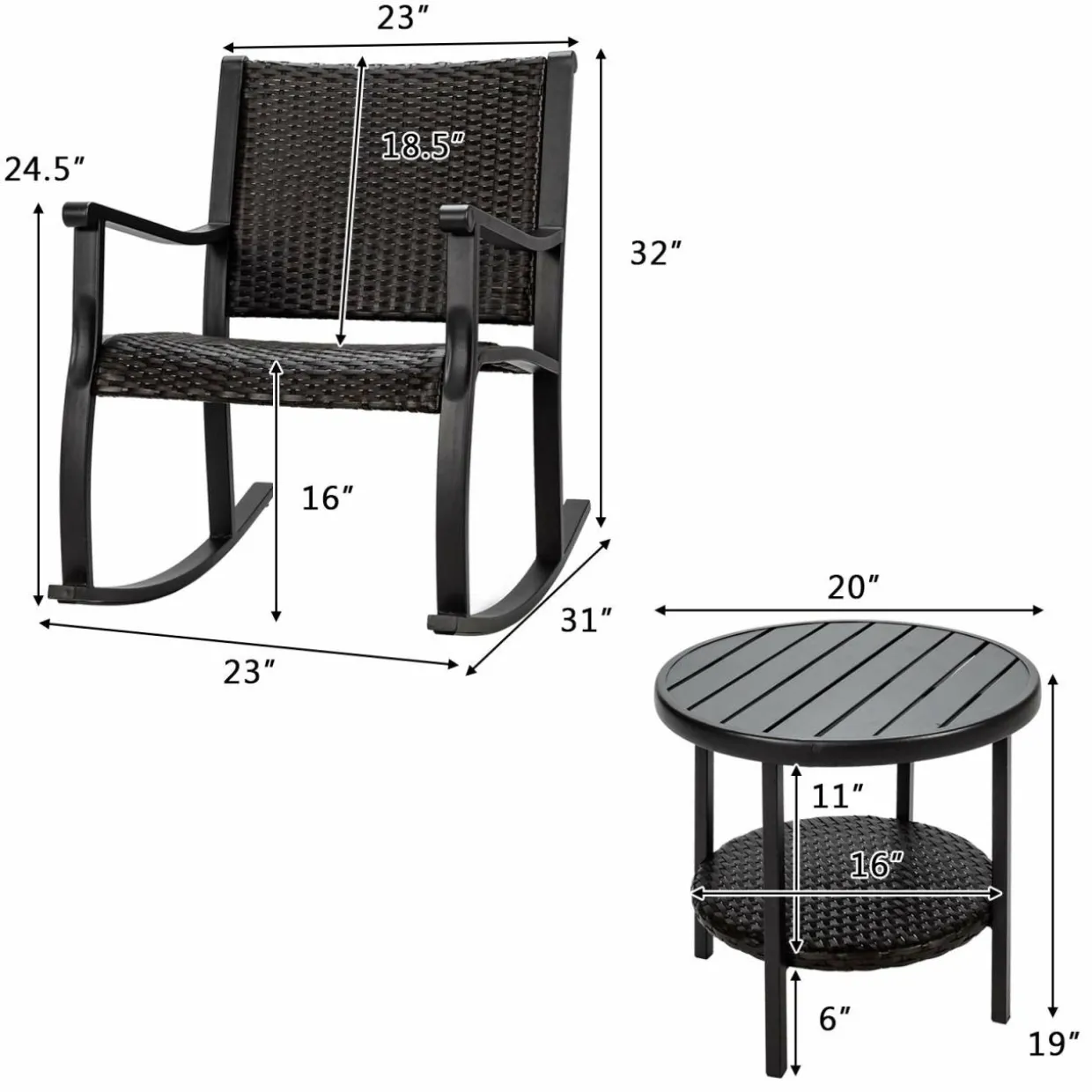Tangkula 3 Piece Rocking Bistro Set, Wicker Patio Outdoor Rocking Chairs Set of 2, Furniture Set(Dark Brown)