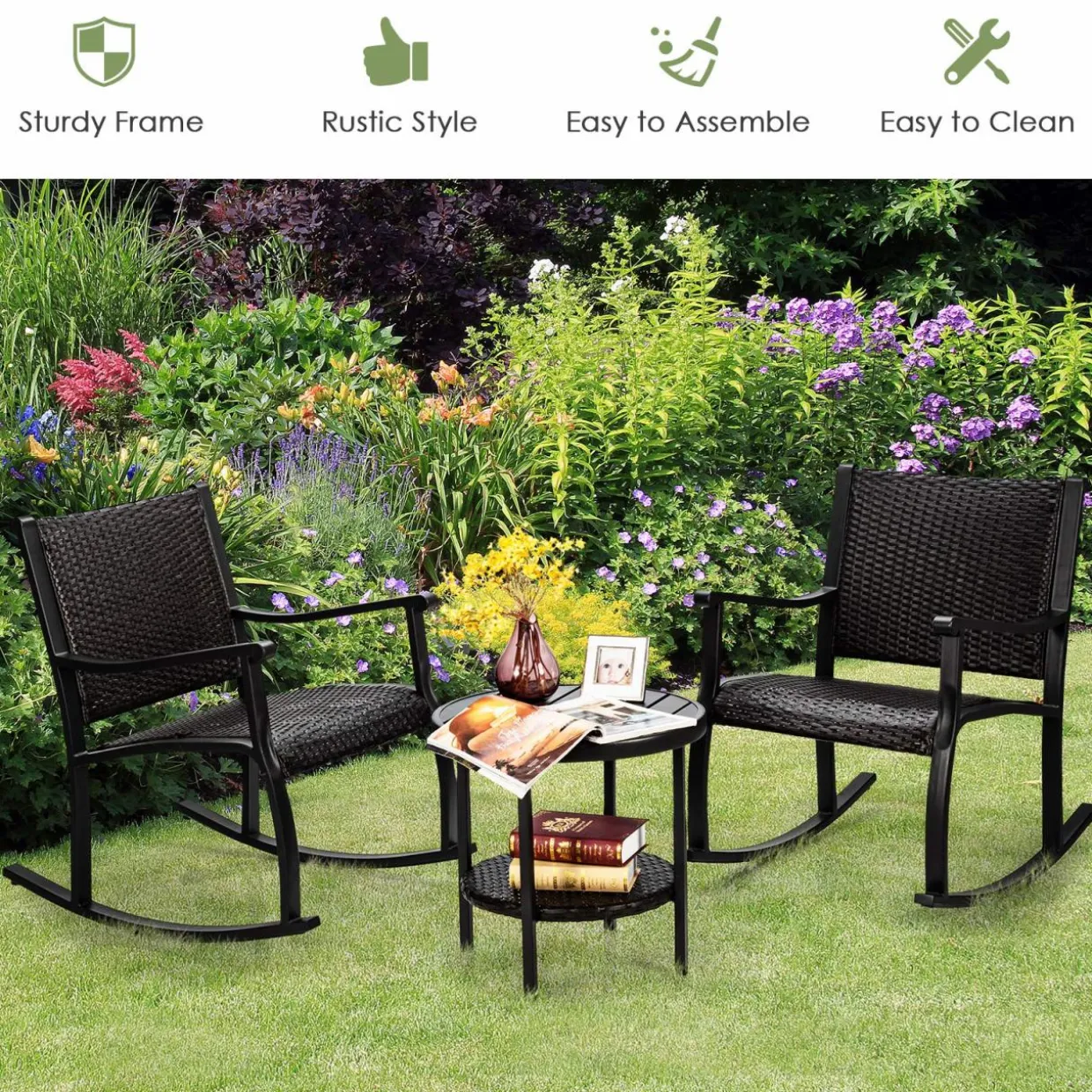 Tangkula 3 Piece Rocking Bistro Set, Wicker Patio Outdoor Rocking Chairs Set of 2, Furniture Set(Dark Brown)