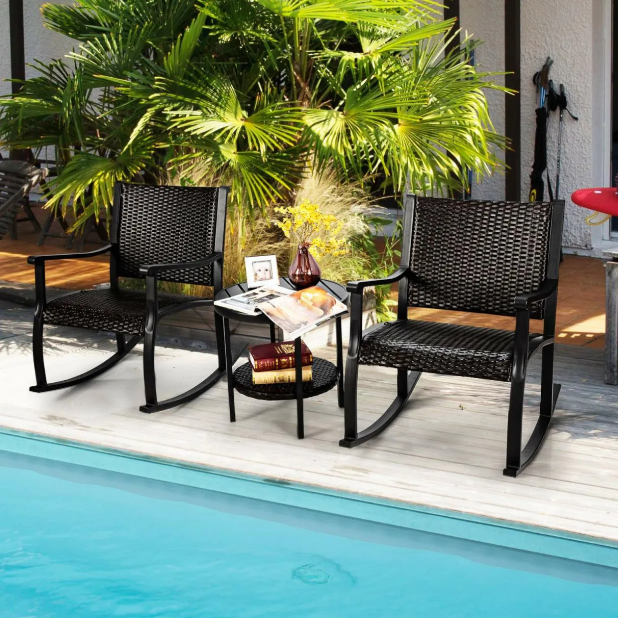 Tangkula 3 Piece Rocking Bistro Set, Wicker Patio Outdoor Rocking Chairs Set of 2, Furniture Set(Dark Brown)