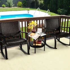 Tangkula 3 Piece Rocking Bistro Set, Wicker Patio Outdoor Rocking Chairs Set of 2, Furniture Set(Dark Brown)