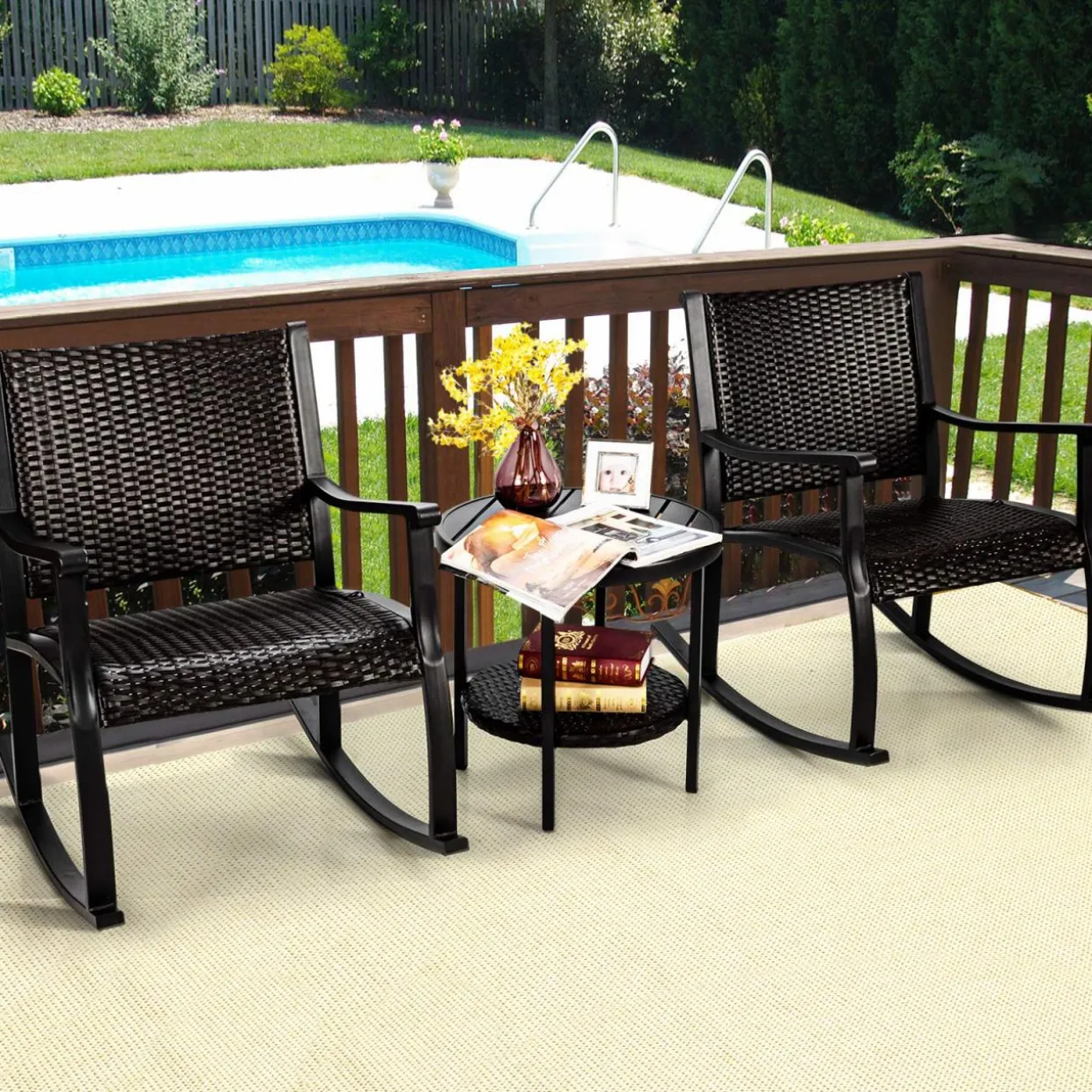 Tangkula 3 Piece Rocking Bistro Set, Wicker Patio Outdoor Rocking Chairs Set of 2, Furniture Set(Dark Brown)
