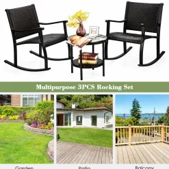 Tangkula 3 Piece Rocking Bistro Set, Wicker Patio Outdoor Rocking Chairs Set of 2, Furniture Set(Dark Brown)