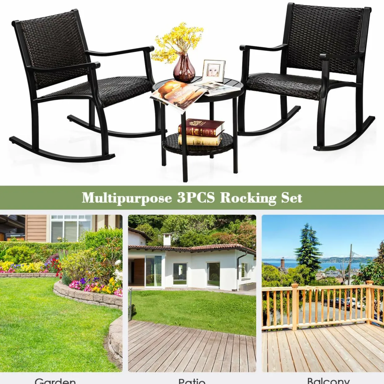 Tangkula 3 Piece Rocking Bistro Set, Wicker Patio Outdoor Rocking Chairs Set of 2, Furniture Set(Dark Brown)