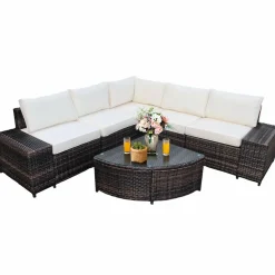 Tangkula 6 Piece Wicker Patio Furniture Set, Outdoor All Weather PE Rattan Conversation Set